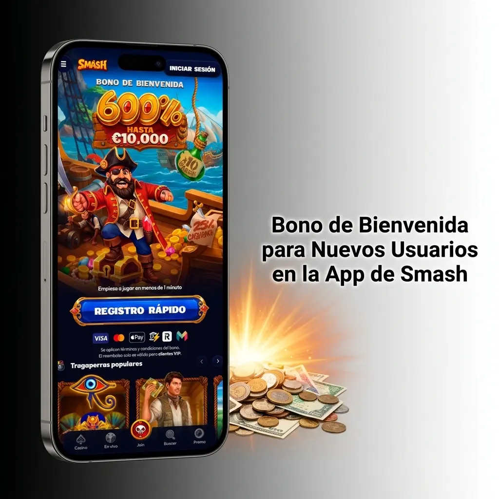 Bono de bienvenida Smash App: 600% casino hasta 10.000€ o 250% deportes hasta 5.000€ para nuevos usuarios