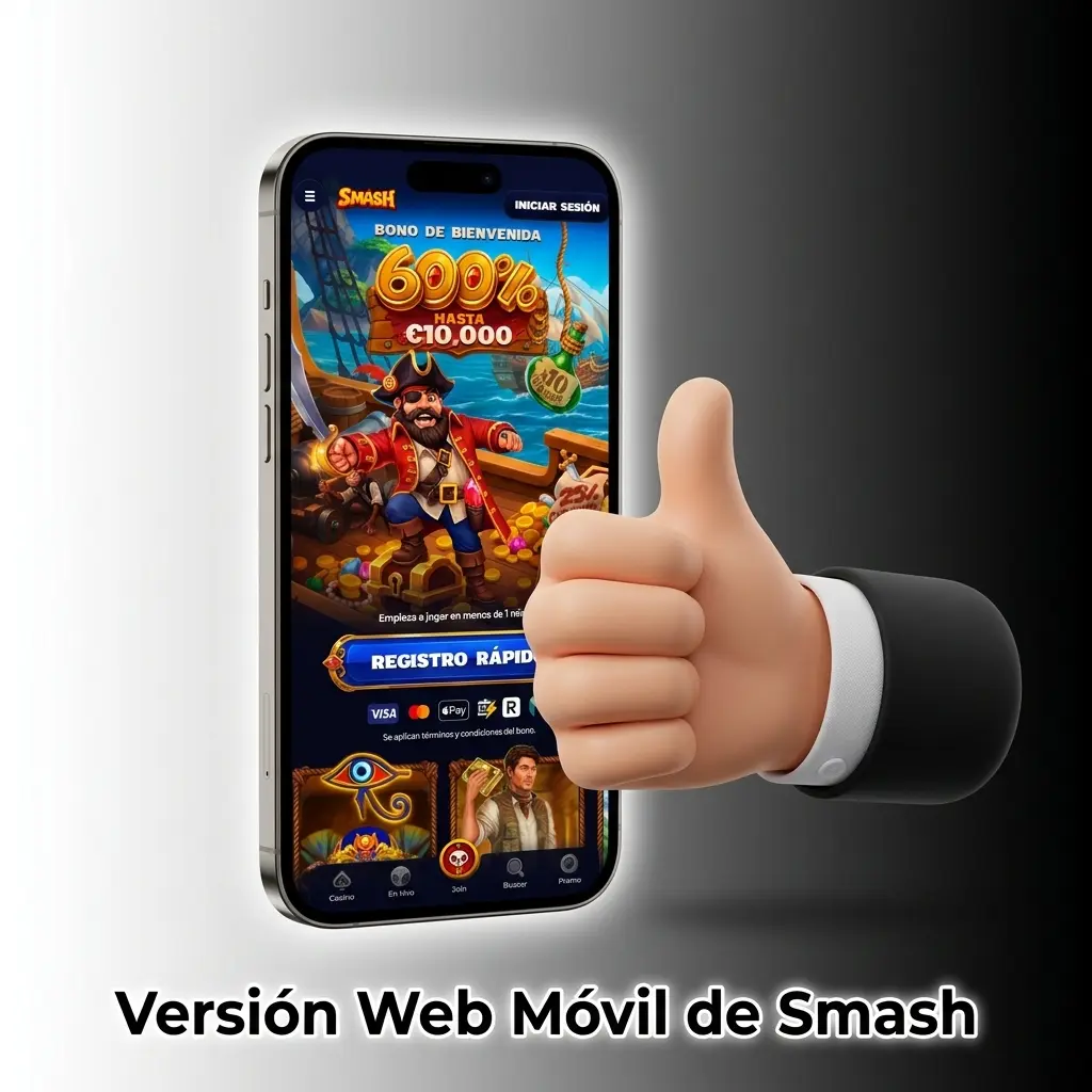 Versión web móvil de Smash accesible desde smartphone o tablet sin instalar software, con apuestas deportivas y casino