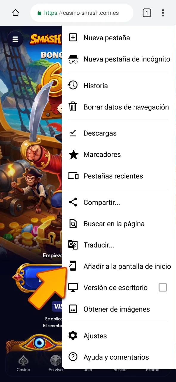 Selecciona añadir a la pantalla de inicio para guardar Smash.