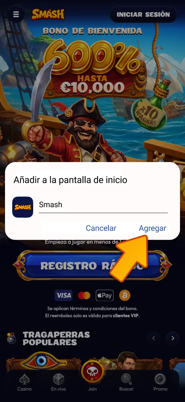 Pulsa añadir para colocar el icono oficial de Smash en tu móvil.