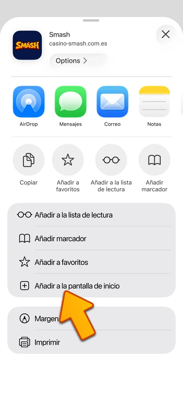 Selecciona añadir a la pantalla de inicio para guardar la app Smash.