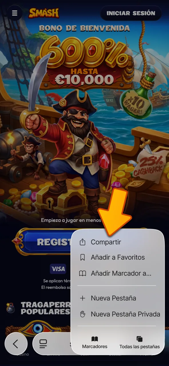 Pulsa el icono compartir en Safari para guardar el sitio Smash.