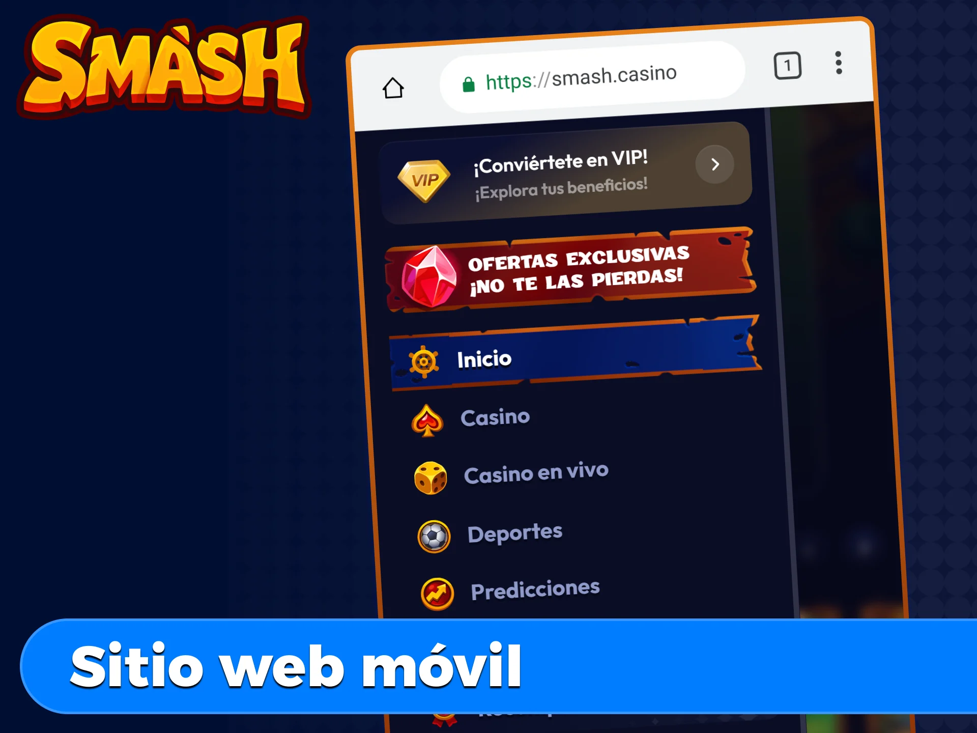 Versión web móvil de Smash accesible desde smartphone o tablet sin instalar software, con apuestas deportivas y casino.