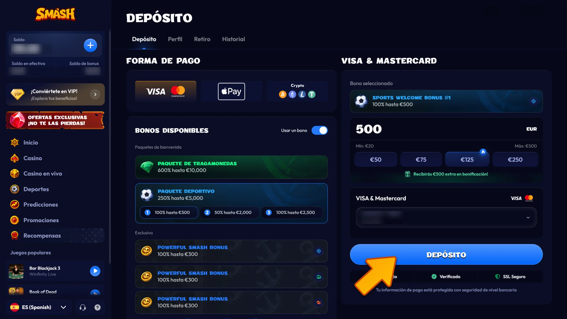 Realiza un depósito mínimo calificado para liberar tu bonificación en Smash.