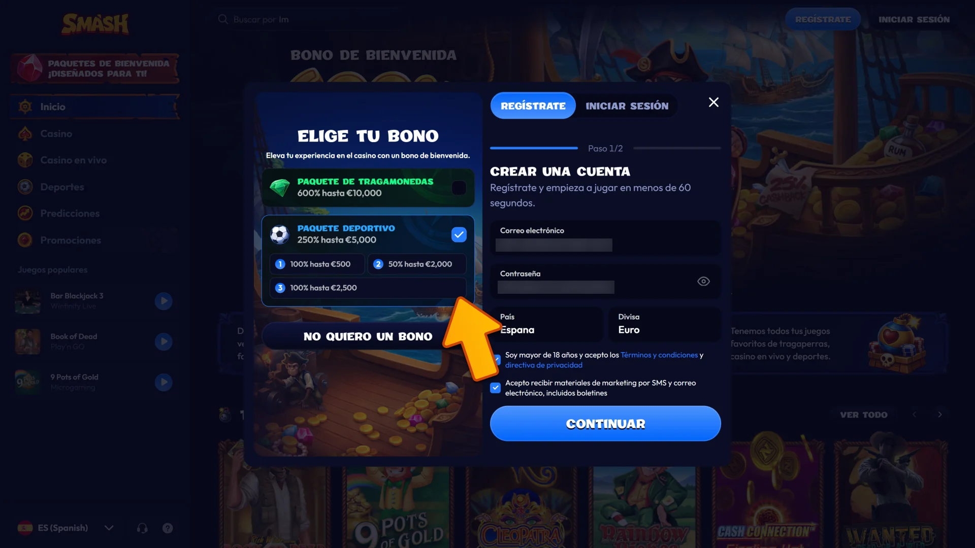 Regístrate hoy mismo y crea tu cuenta para obtener los mejores bonos de Smash.