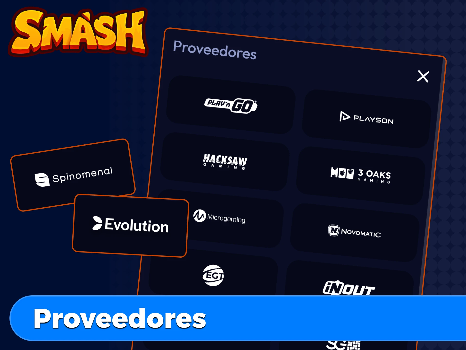 Proveedores de software certificados en Smash: Pragmatic Play, NetEnt, Evolution Gaming y más con RNG auditado.