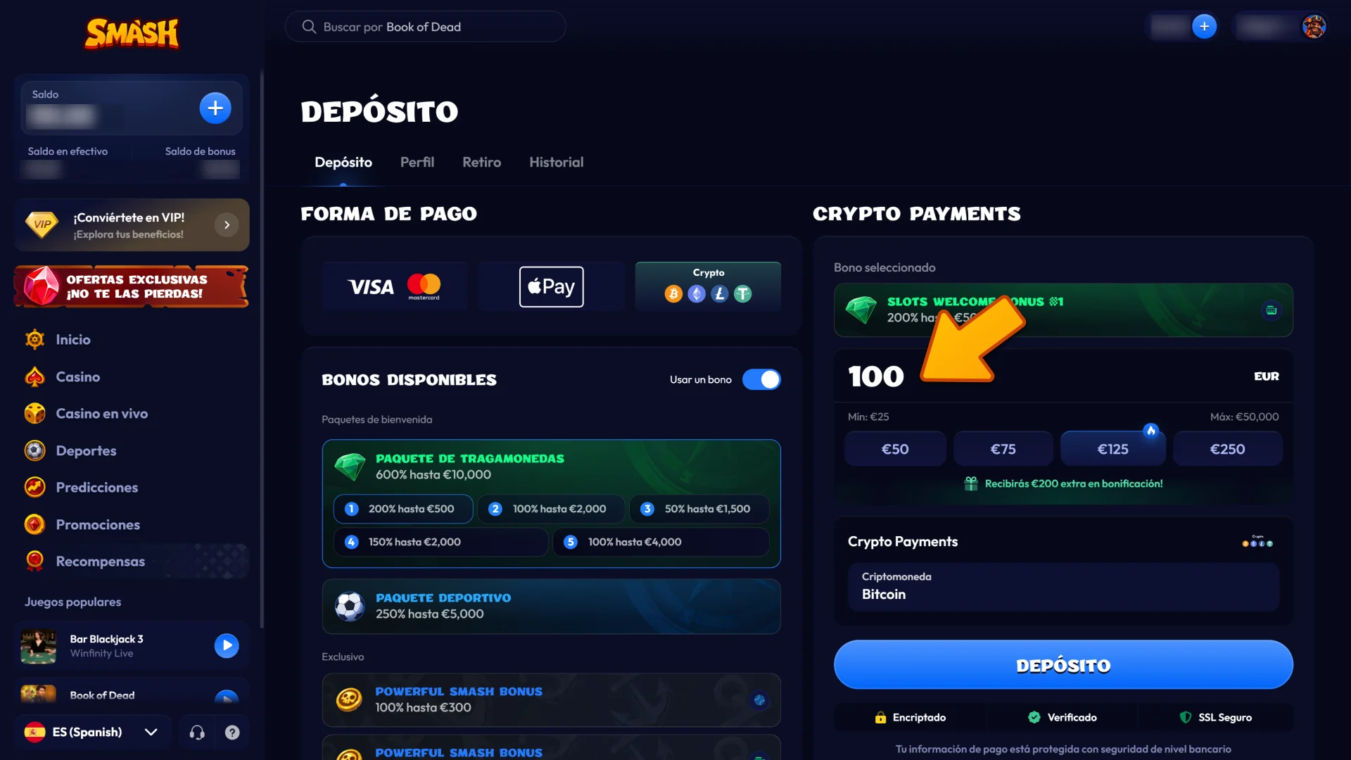 Ingresa el importe exacto que deseas depositar en tu cuenta de Smash.