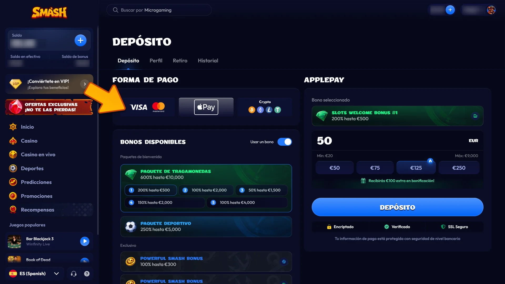 Selecciona tu método de pago preferido para recargar saldo en Smash.