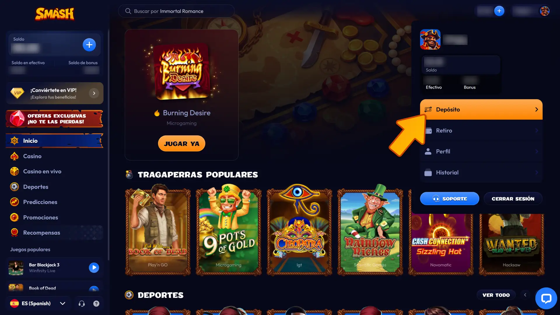 Accede a la sección de depósitos en el cajero seguro de Smash.