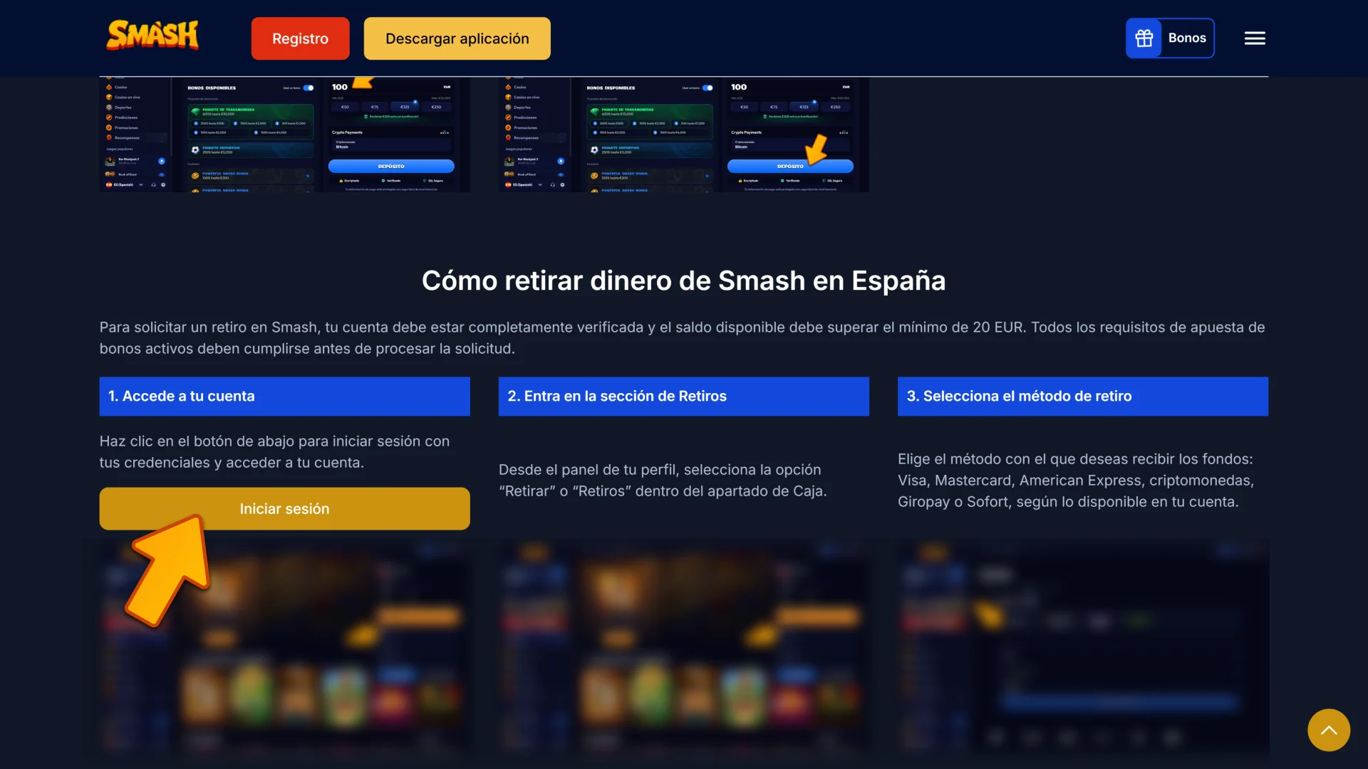 Para retirar fondos, haga clic en el botón para iniciar sesión en su cuenta Smash.