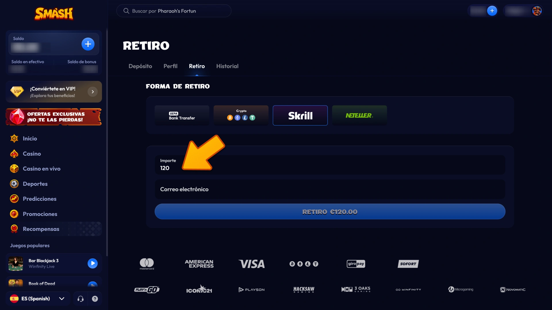 Introduce el importe que deseas retirar de tu balance de Smash.