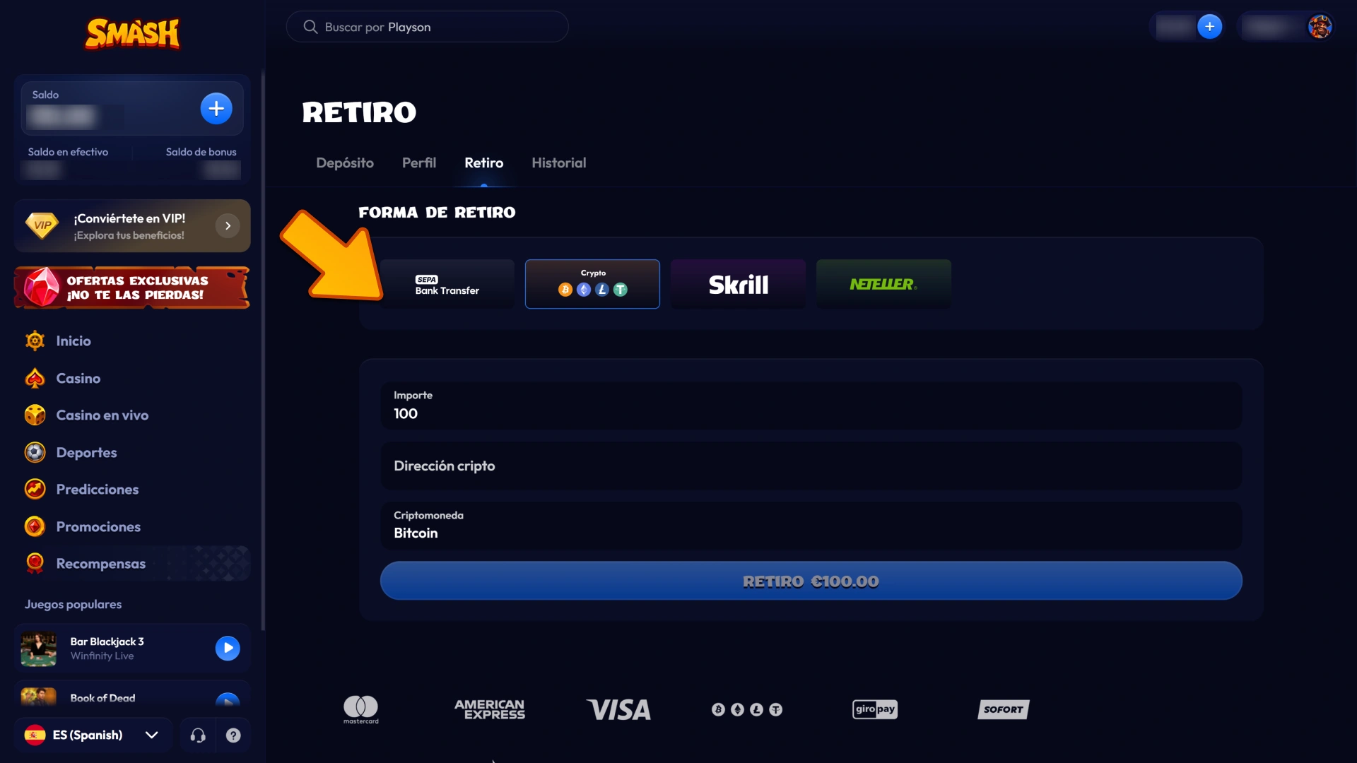 Elige una opción de retiro segura para transferir tus fondos desde Smash.