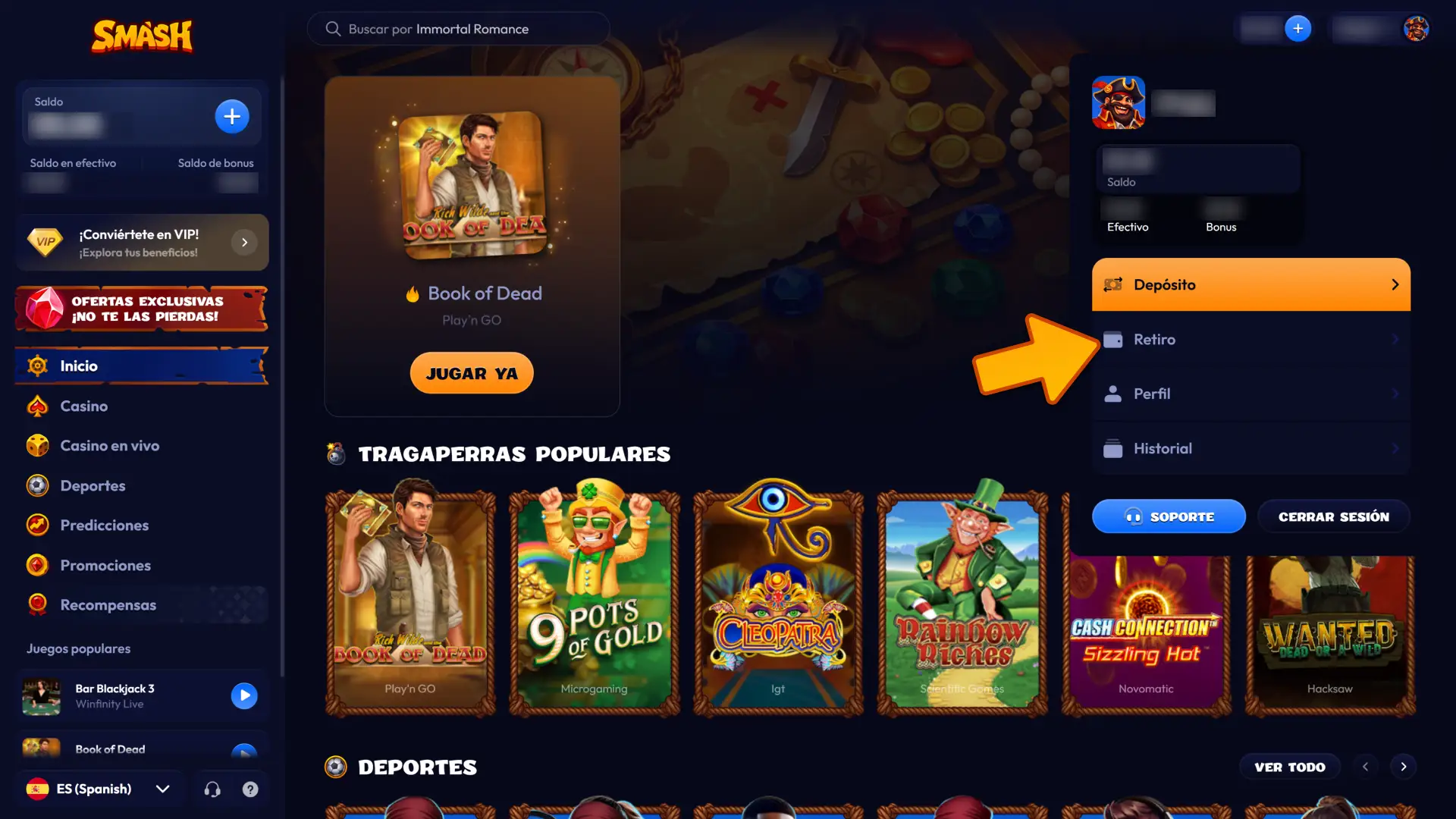 Abre la sección de retiros para cobrar tus premios en el casino Smash.