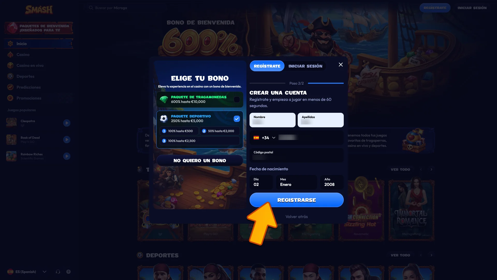 Completa tus datos personales para finalizar tu registro en Smash.