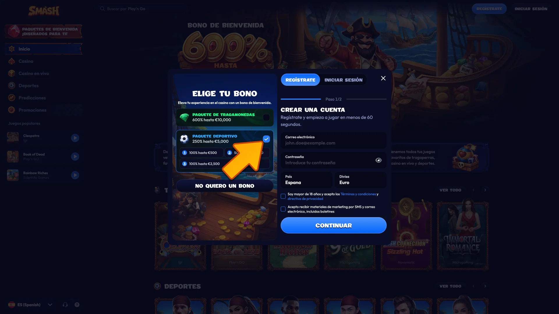 Selecciona el paquete de casino o deportes dentro de Smash hoy.