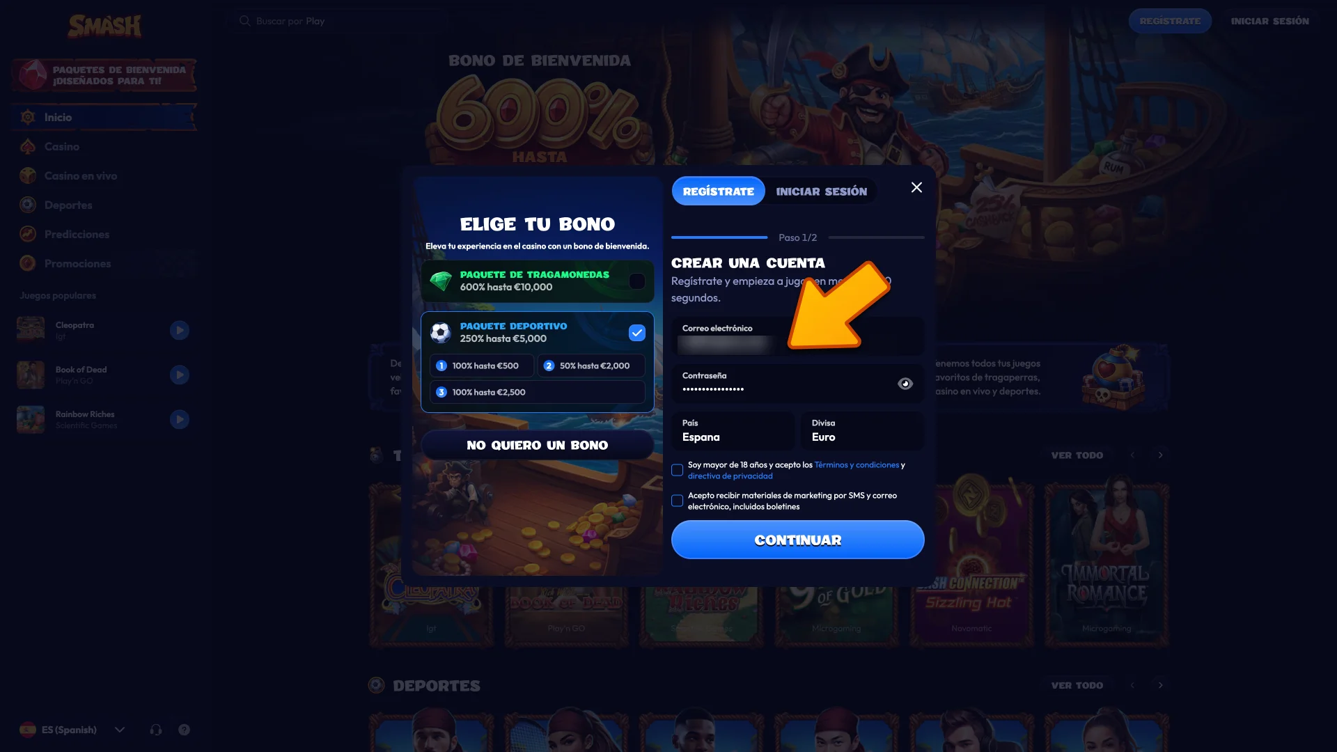 Introduce tu correo electrónico y contraseña para registrarte en Smash.