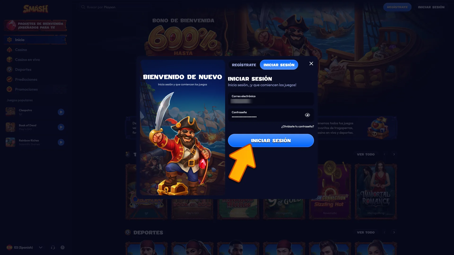 Pulsa iniciar sesión en Smash para acceder a tu panel de usuario.