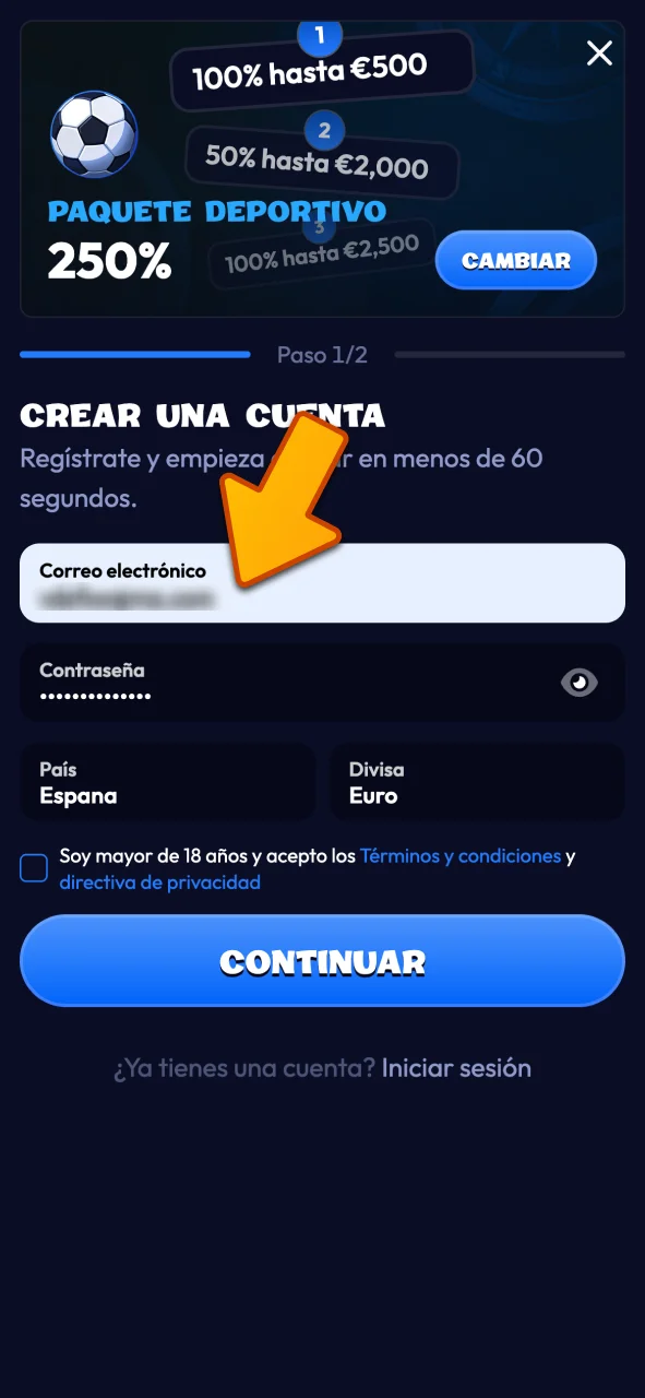 Selecciona tu bono e introduce tus datos de acceso en Smash.