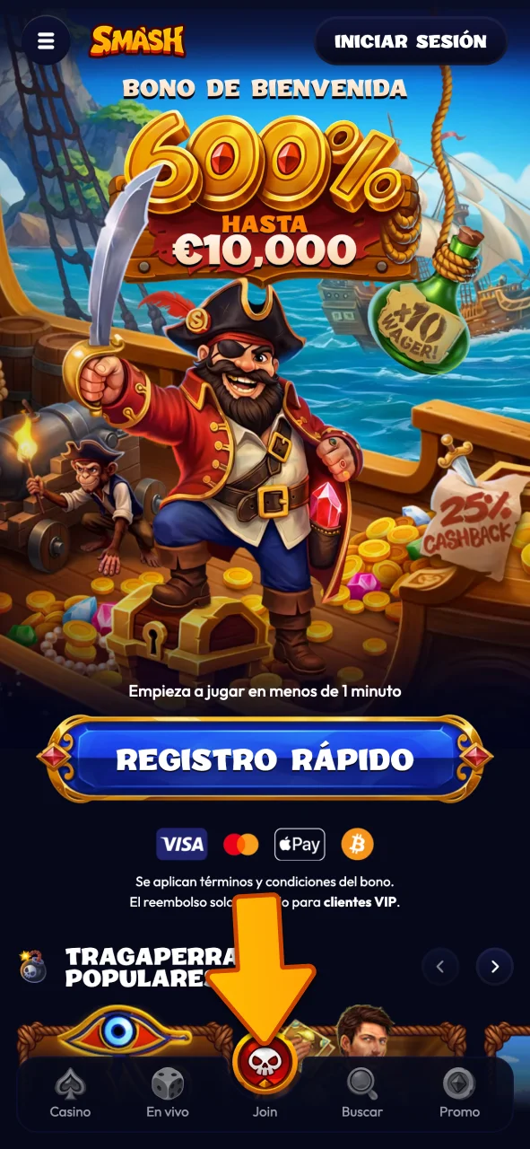 Pulsa el botón registrarse en la pantalla principal de Smash.