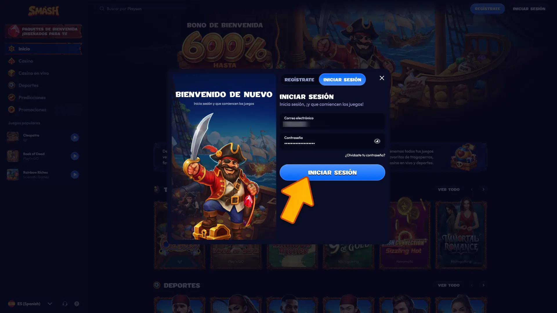 Inicia sesión con tu nueva contraseña en la plataforma Smash.