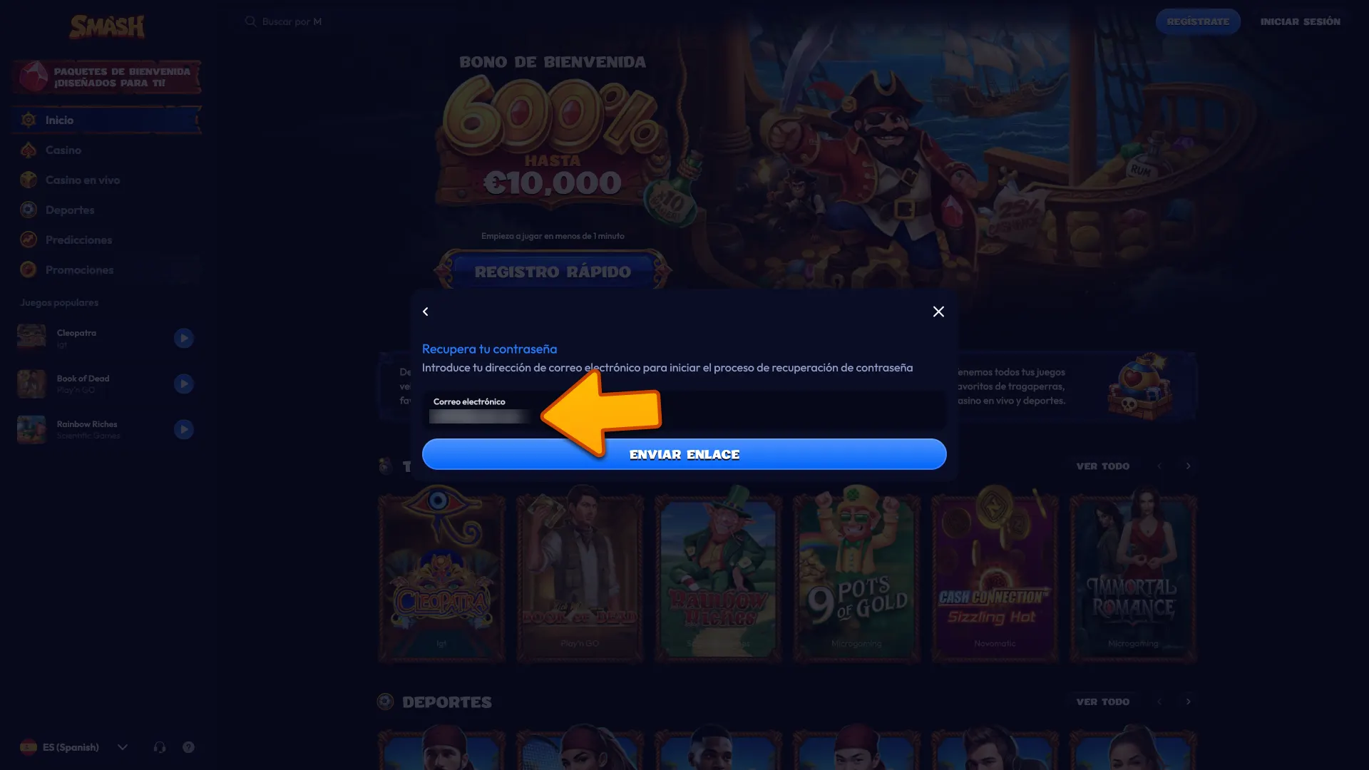 Introduce tu correo electrónico para restablecer tu contraseña en Smash.